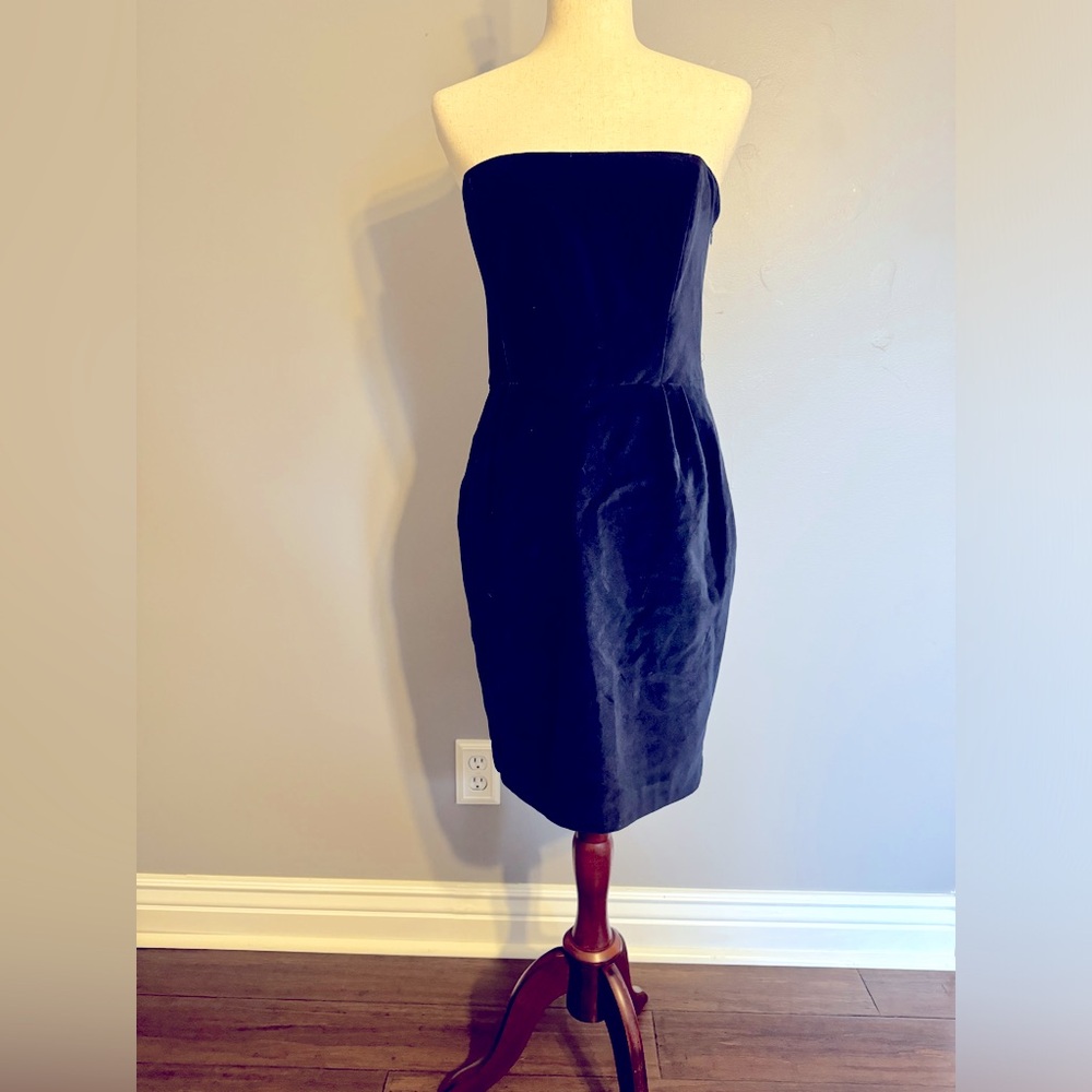 Club Monaco vintage blue velvet satin lined strapless dress with boning. Size 6